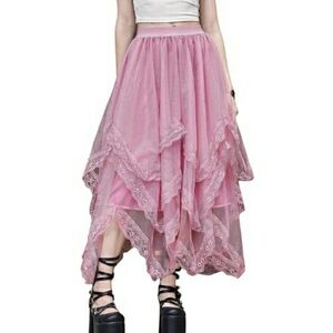 Lace Trim Layered Mesh Tulle Skirt High Waist Asymmetrical Long Goth Skirt Pink